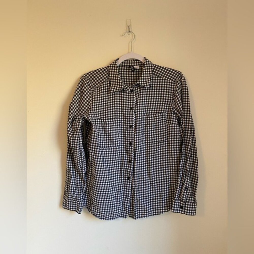 Divided H&M Black & White Gingham Button-Up Blouse Size 6 100% Cotton Long Sleev
